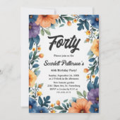 ロマンチックな水彩花イラストのサマー40歳誕生日 招待状 (正面)