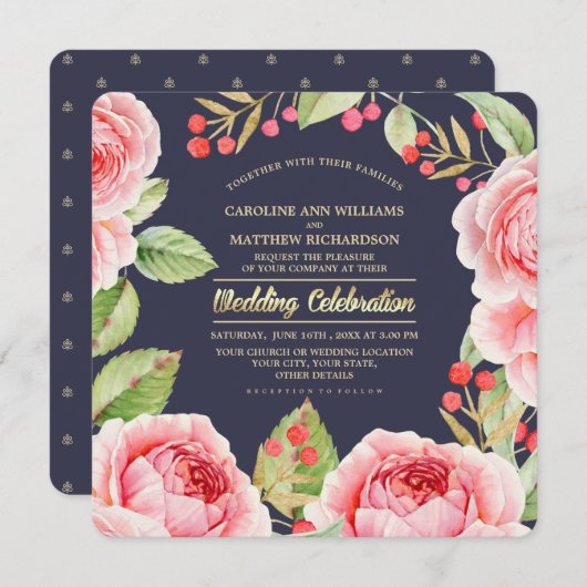 ロマンチックな水彩花ネイビーブルー結婚ズ 招待状 (正面/裏面)