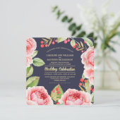 ロマンチックな水彩花ネイビーブルー結婚ズ 招待状 (スタンド正面)