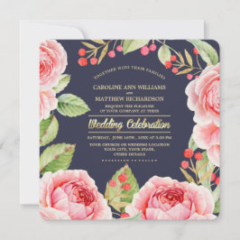 ロマンチックな水彩花ネイビーブルー結婚ズ 招待状