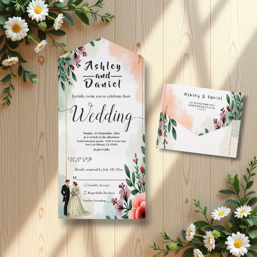 ロマンチックな水彩花嫁と花婿のウェディング オールインワン招待状