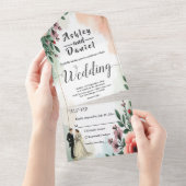 ロマンチックな水彩花嫁と花婿のウェディング オールインワン招待状 (貼ってはがせる)