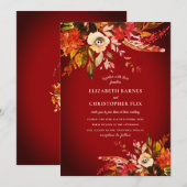 ロマンチックな水彩花模様の豪華な秋の赤い結婚式 招待状 (正面/裏面)