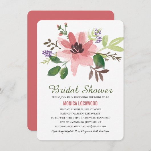 ロマンチックな水彩花 |ブライダルシャワー 招待状 (正面/裏面)