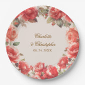 ロマンチックな水彩赤いバラのフローラ結婚ズ ペーパープレート (正面)