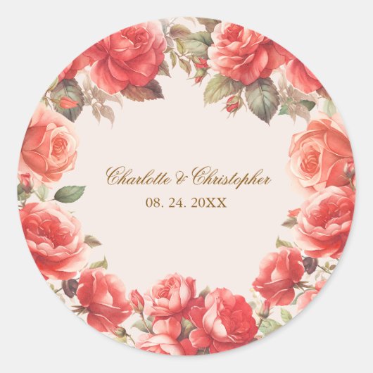 ロマンチックな水彩赤いバラのフローラ結婚ズ ラウンドシール (正面)