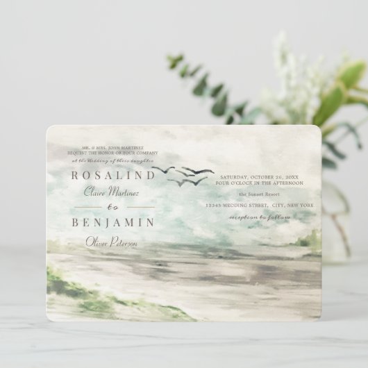 ロマンチックな水彩風景3枚結婚の写真 招待状 (スタンド正面)