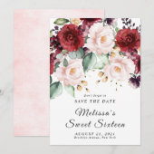 ロマンチックな水彩 ワインレッド セーブ・ザ・デート 招待状 (正面/裏面)