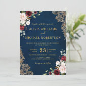 ロマンチックな水彩 ワインレッド ネイビー ゴールド 花柄 招待状 (スタンド正面)