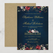 ロマンチックな水彩 ワインレッド ネイビー ゴールド 花柄 招待状 (正面/裏面)