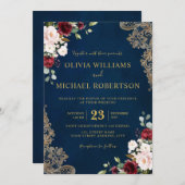 ロマンチックな水彩 ワインレッド ネイビー ゴールド 花 招待状 (正面/裏面)