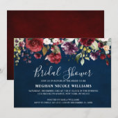 ロマンチックな水彩 ワインレッド ネイビー バラ 花 招待状 (正面/裏面)