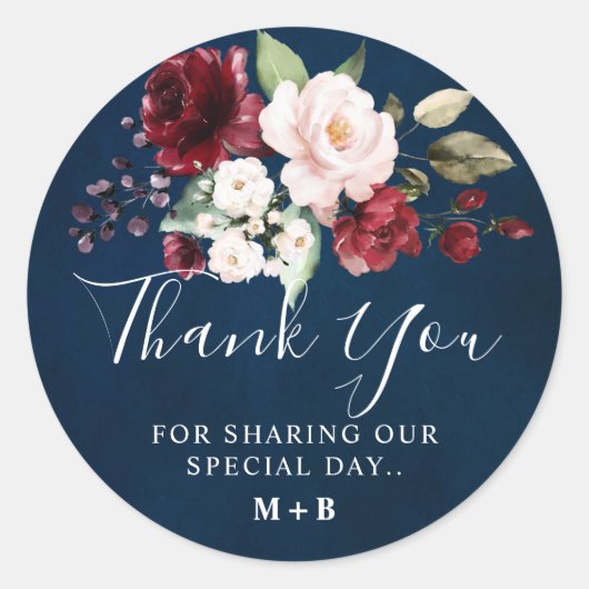 ロマンチックな水彩 ワインレッド ネイビー 花 ラウンドシール (正面)