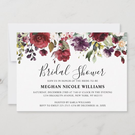 ロマンチックな水彩 ワインレッド ブラッシュ ピンク ローズ フローラル 招待状 (正面)