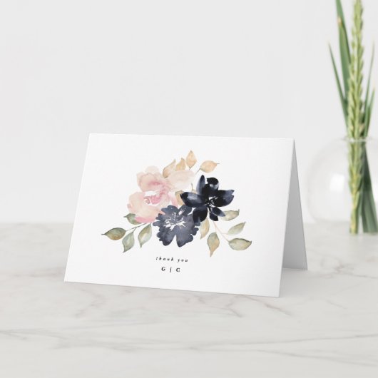 ロマンチックな水色のネイビー花模様結婚ズの折り畳み サンキューカード (正面)