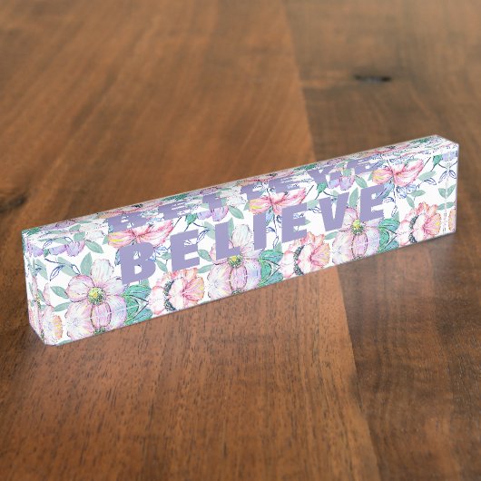 ロマンチックな水色の花の手の絵を描デザイン デスクネームプレート (側面)