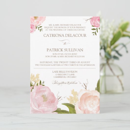 ロマンチックな水色の花結婚式招待状IV 招待状 (スタンド正面)