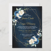 ロマンチックな水色ネイビーアイボリーフローラ幾何学的 招待状 (正面)