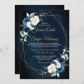 ロマンチックな水色ネイビーアイボリーフローラ幾何学的 招待状 (正面/裏面)