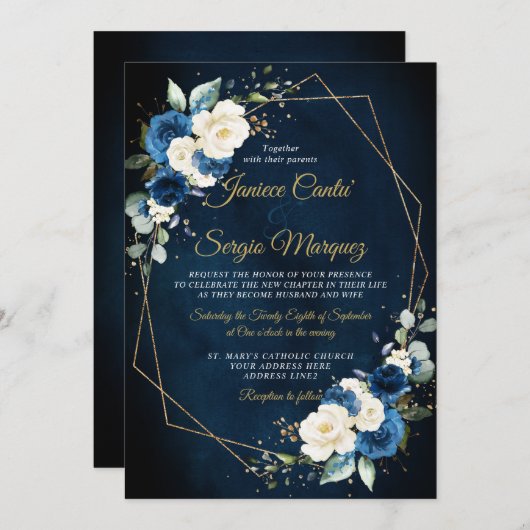 ロマンチックな水色ネイビーアイボリーフローラ幾何学的 招待状 (正面/裏面)