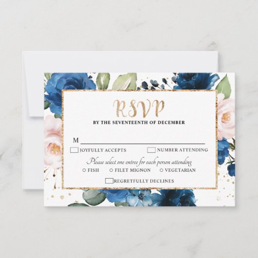 ロマンチックな水色ネイビーブルー赤面バラフローラ 出欠カード (正面)