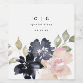 ロマンチックな水色ネイビー花模様結婚ズボトル ワインラベル (シングルラベル)