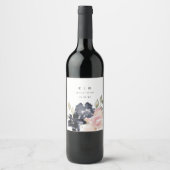 ロマンチックな水色ネイビー花模様結婚ズボトル ワインラベル (正面)