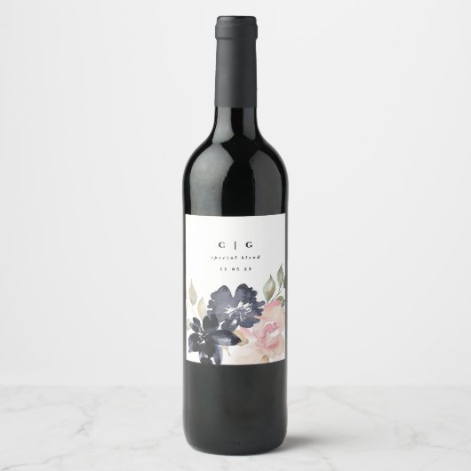 ロマンチックな水色ネイビー花模様結婚ズボトル ワインラベル (正面)