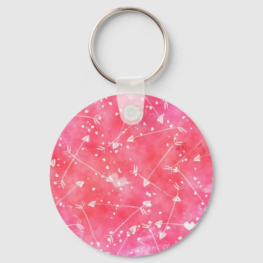 ロマンチックな水色ピンクのハートと矢印パターン キーホルダー (正面)