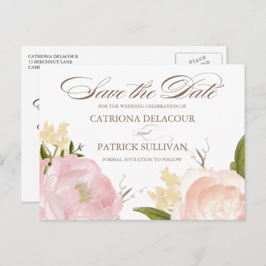 ロマンチックな水色ピンクの花の日付を保存 案内ポストカード (正面/裏面)