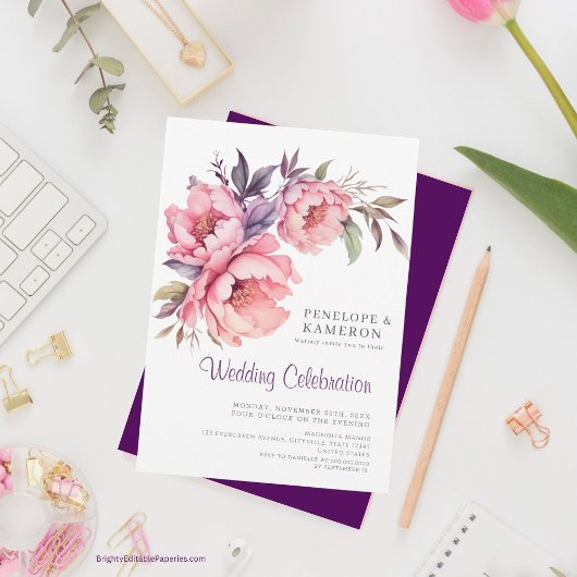 ロマンチックな水色ピンク牡丹エレガントフローラ 招待状