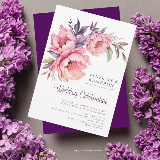 ロマンチックな水色ピンク牡丹エレガントフローラ 招待状