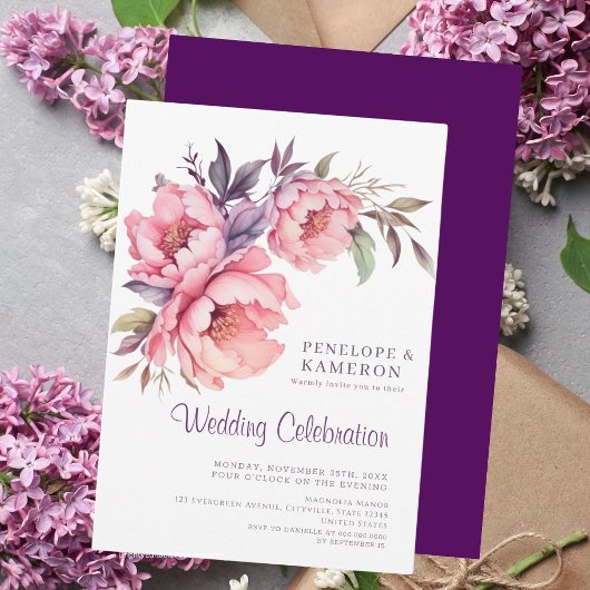 ロマンチックな水色ピンク牡丹エレガントフローラ 招待状