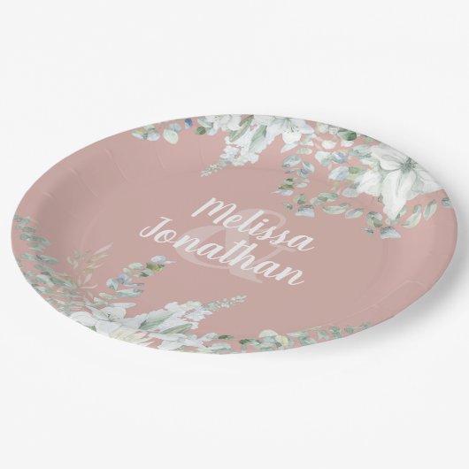 ロマンチックな水色フローラ白結婚花 ペーパープレート (アングル)