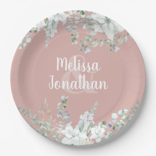 ロマンチックな水色フローラ白結婚花 ペーパープレート (正面)