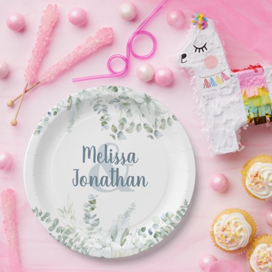 ロマンチックな水色フローラ白結婚花 ペーパープレート (パーティー)