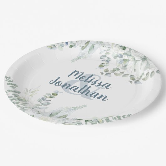 ロマンチックな水色フローラ白結婚花 ペーパープレート (アングル)