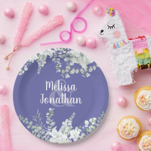 ロマンチックな水色フローラ白結婚花 ペーパープレート (パーティー)