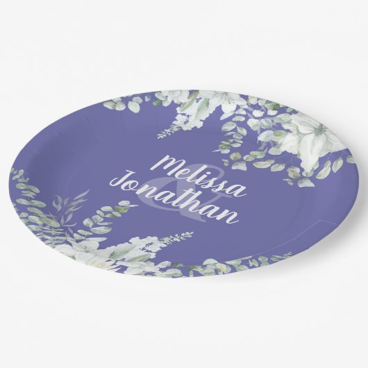 ロマンチックな水色フローラ白結婚花 ペーパープレート (アングル)