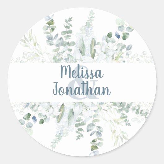 ロマンチックな水色フローラ白結婚花 ラウンドシール (正面)