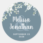 ロマンチックな水色フローラ白結婚花 ラウンドシール (正面)