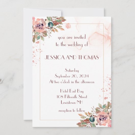 ロマンチックな水色フローラ結婚式招待状 招待状 (正面)