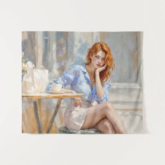 ロマンチックな油アートブルーアイドガールソフトパステルシェード タペストリー (正面(横))
