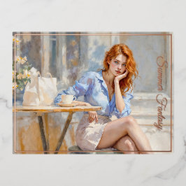 ロマンチックな油アートブルーアイドガールソフトパステルシェード 箔シーズンポストカード