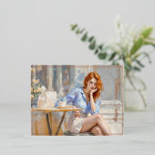 ロマンチックな油アートブルーアイドガールソフトパステルシェード 箔シーズンポストカード (立ち正面)