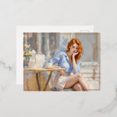 ロマンチックな油アートブルーアイドガールソフトパステルシェード 箔シーズンポストカード (正面/裏面)