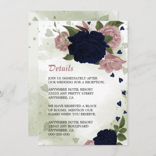 ロマンチックな海軍とピンクの花の緑の詳細 エンクロージャーカード (正面/裏面)