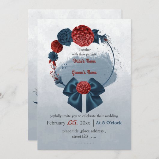 ロマンチックな海軍とブルゴーニュのフローラ結婚リース 招待状 (正面/裏面)