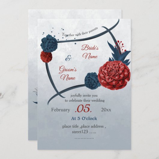 ロマンチックな海軍とブルゴーニュ結婚の花 招待状 (正面/裏面)