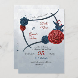 ロマンチックな海軍とブルゴーニュ結婚の花 招待状